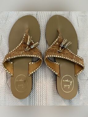 Jack Rogers Tan Cork Tassel Thong Sandals with Gold Trim, 8M